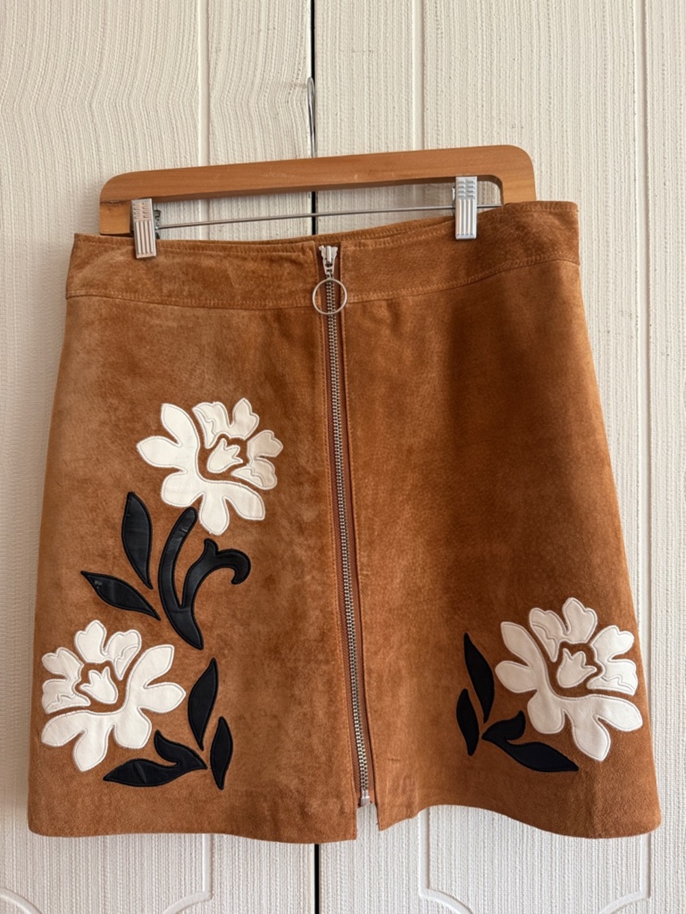 Brown Suede Floral Zip-Front A-Line Skirt